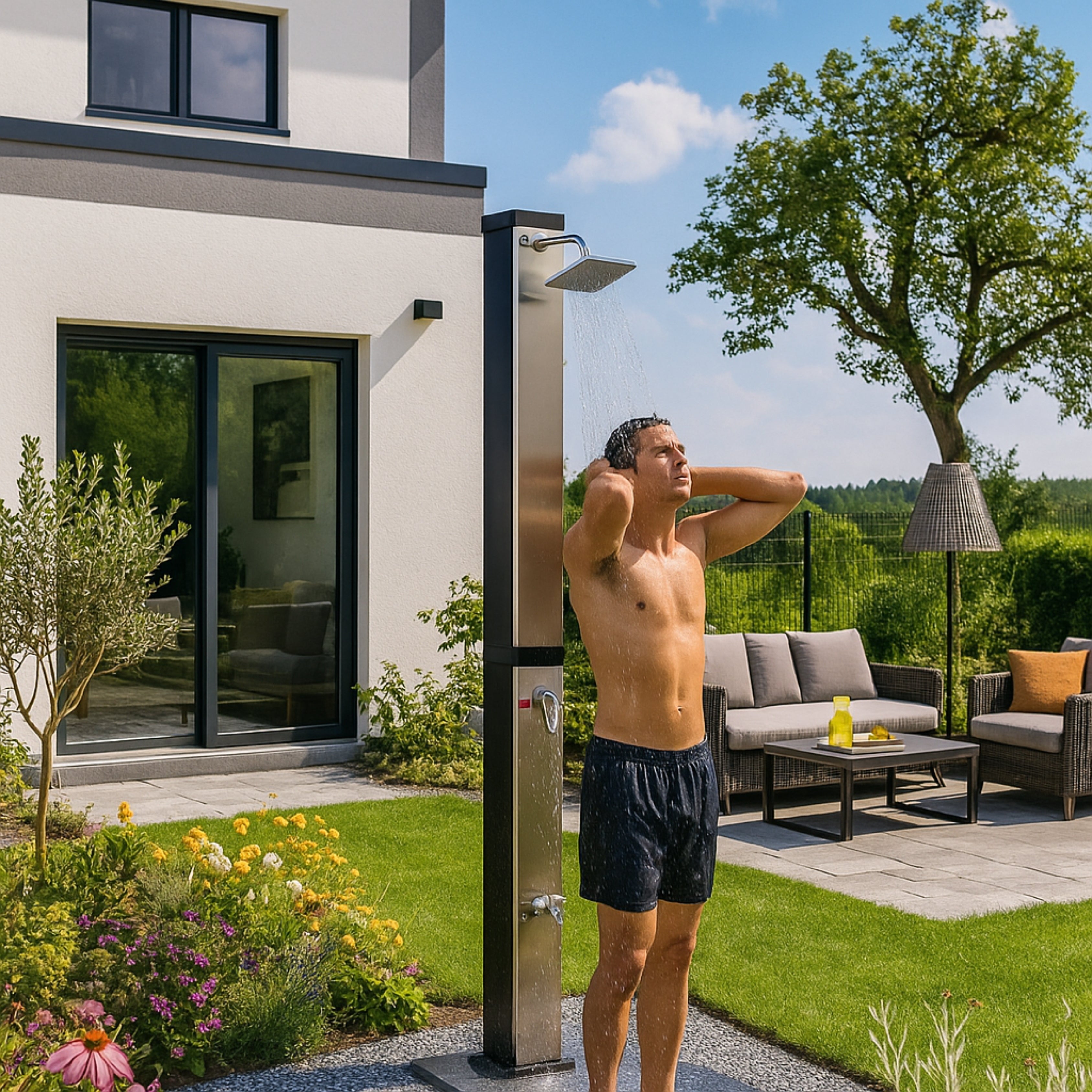 40L Outdoor Solar Shower – Black &amp; Brushed Nickel