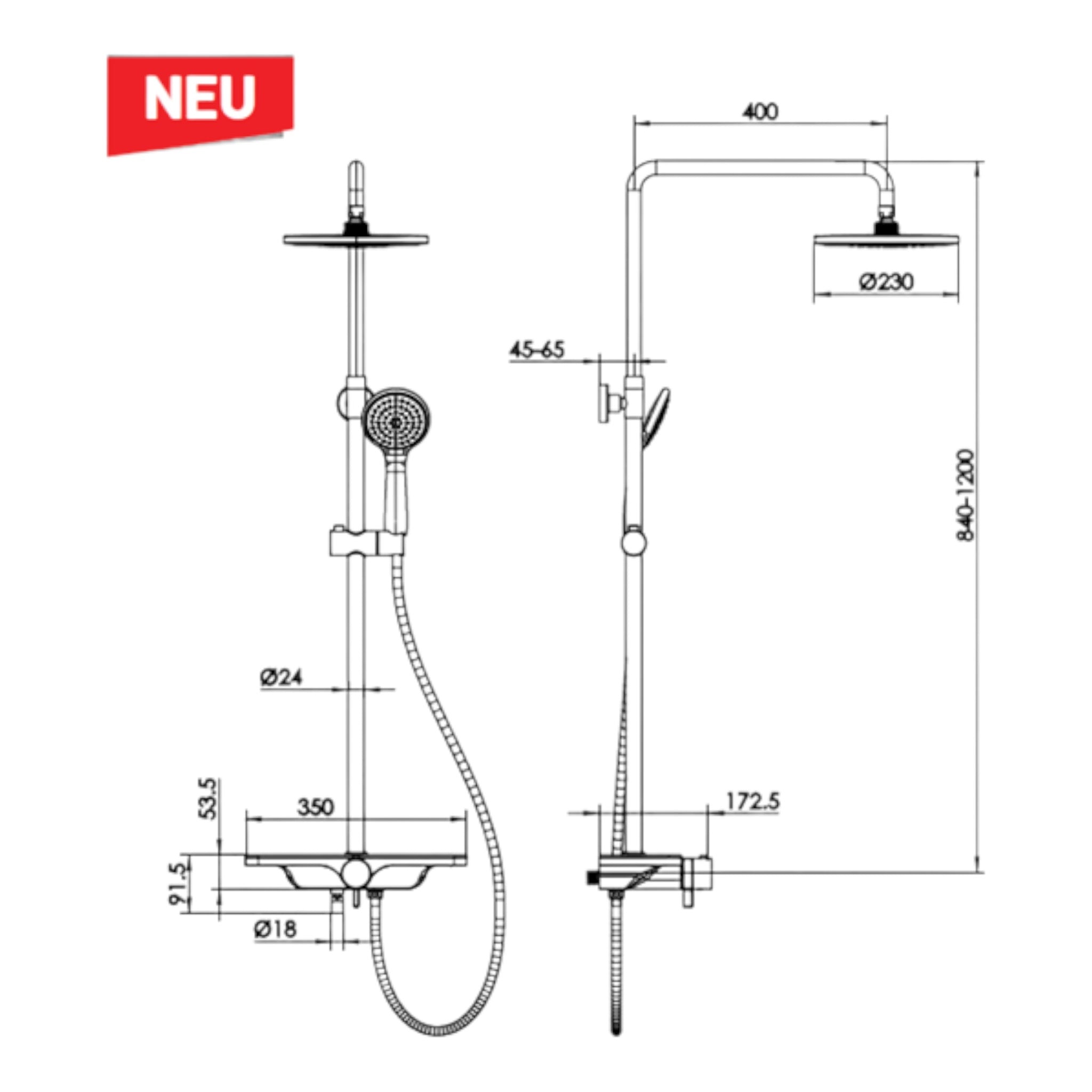 Overhead shower rail set black