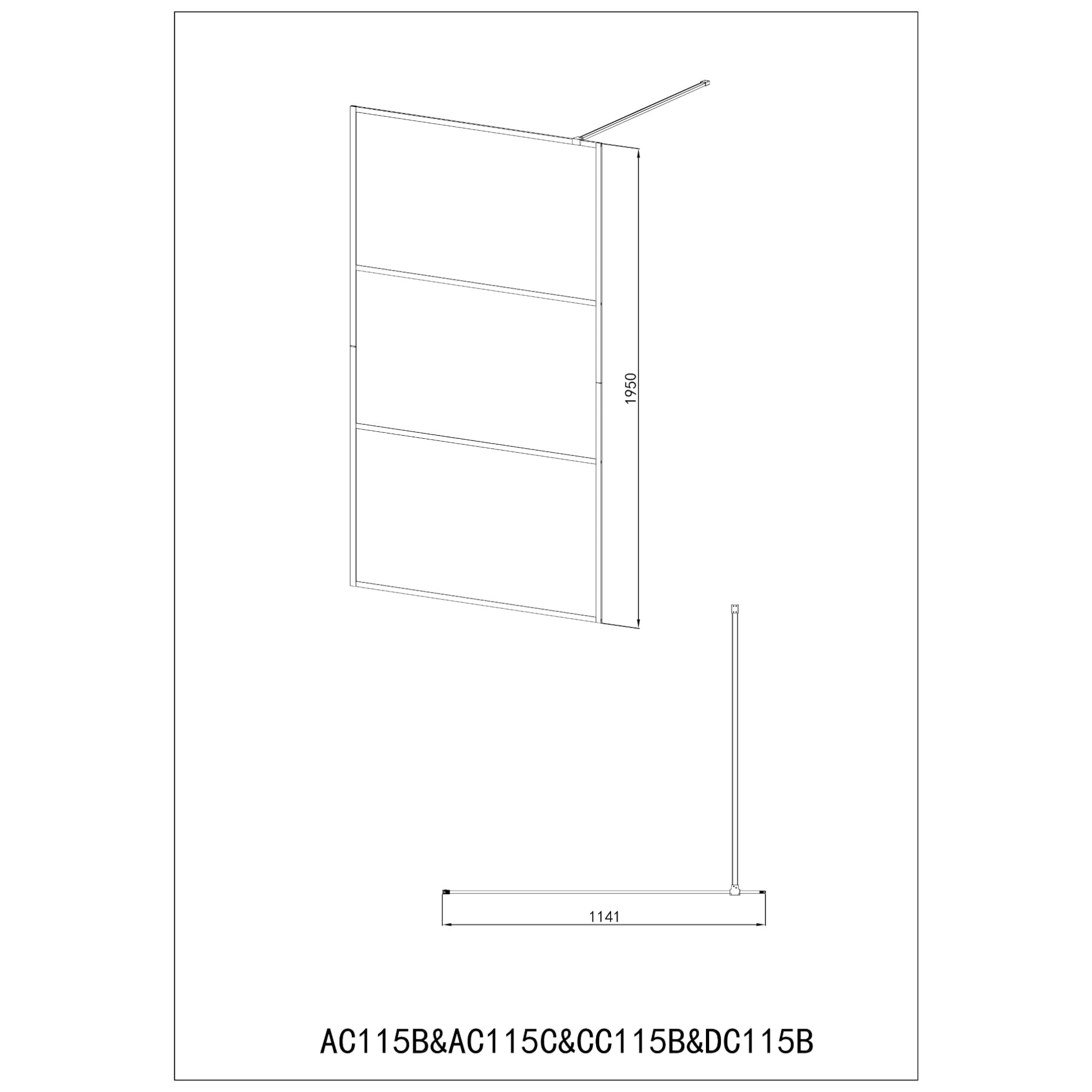 Walk-in shower with 3-part black frame with design glass in different sizes