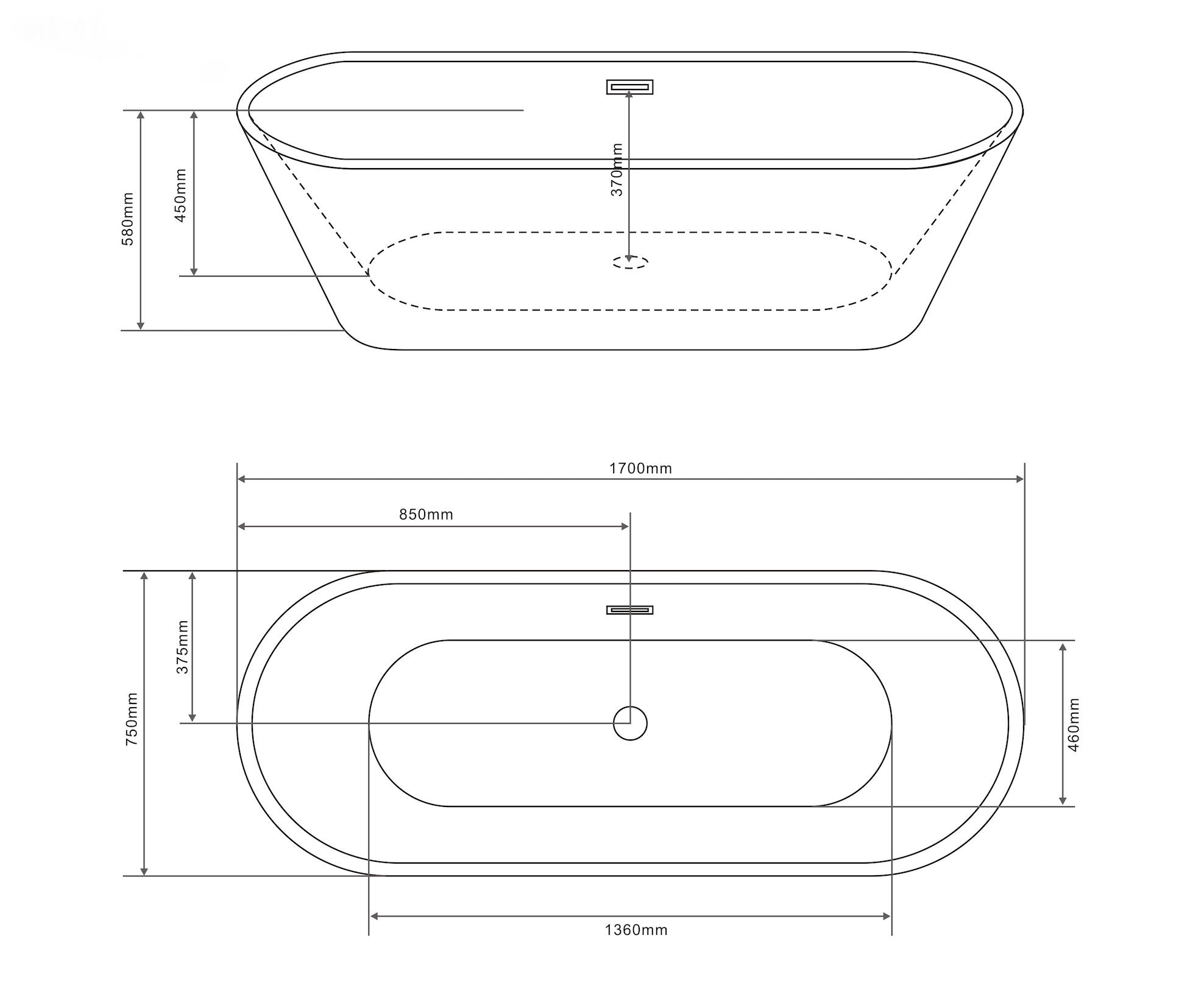 Freestanding bathtub YORK 170 x 75 x 58 cm