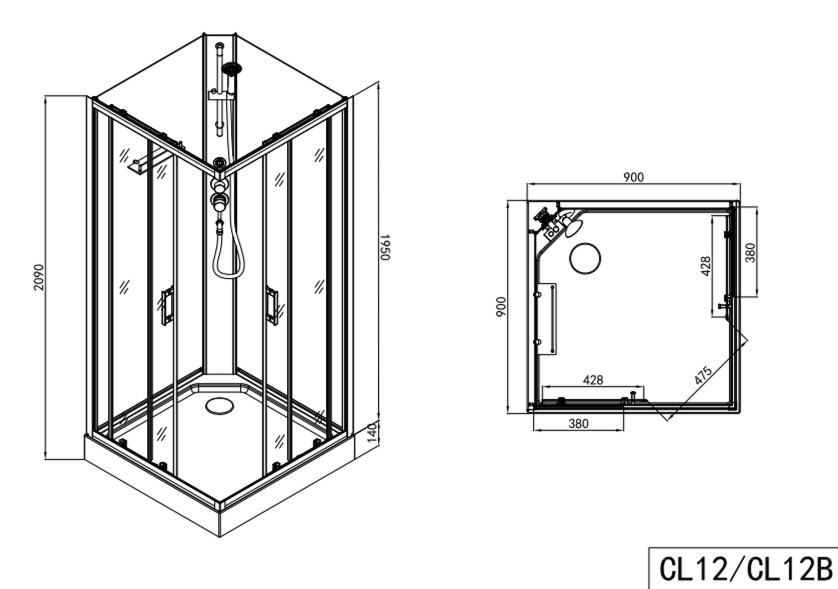 Complete shower enclosure DENVER - with quick assembly 90 x 90 x 210 cm