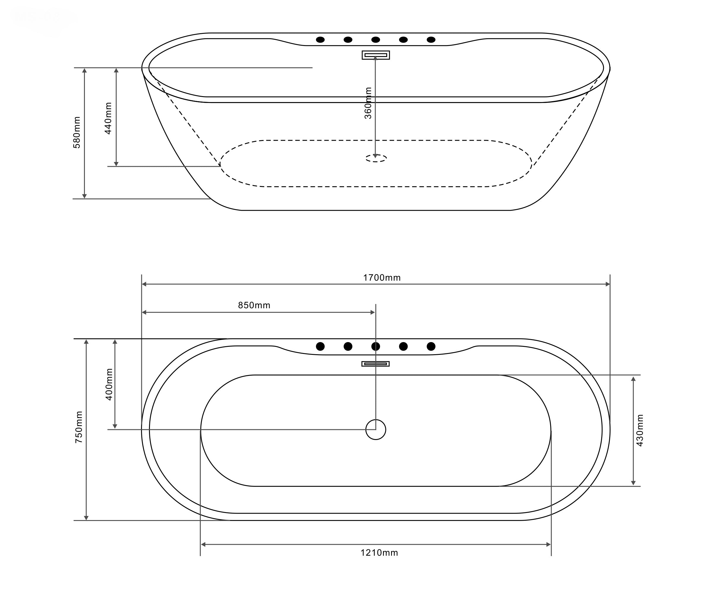 Bañera exenta ARUBA negro mate 170x75x58 cm