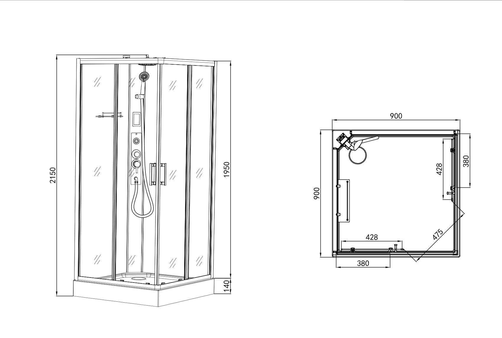 Complete shower enclosure MIAMI BLACK - with quick assembly 90 x 90 x 215 cm