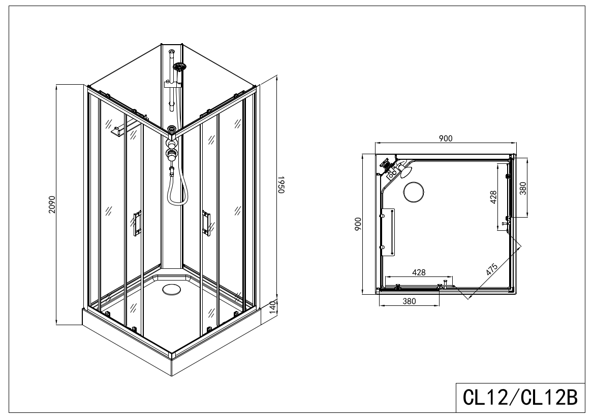 Complete shower enclosure DENVER BLACK - with quick assembly 90 x 90 x 210 cm