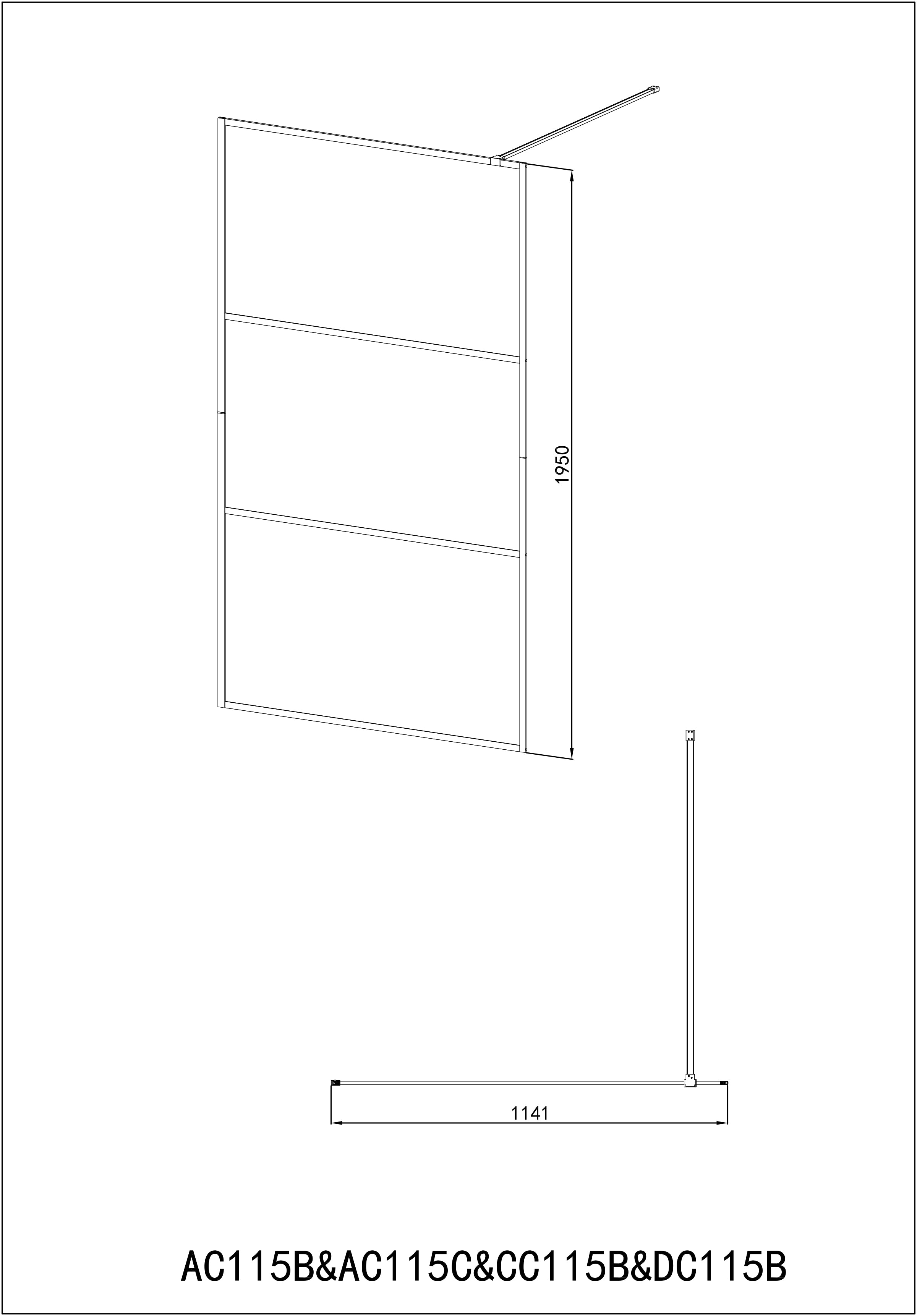 Walk-in shower with 3-part chrome frame in different sizes