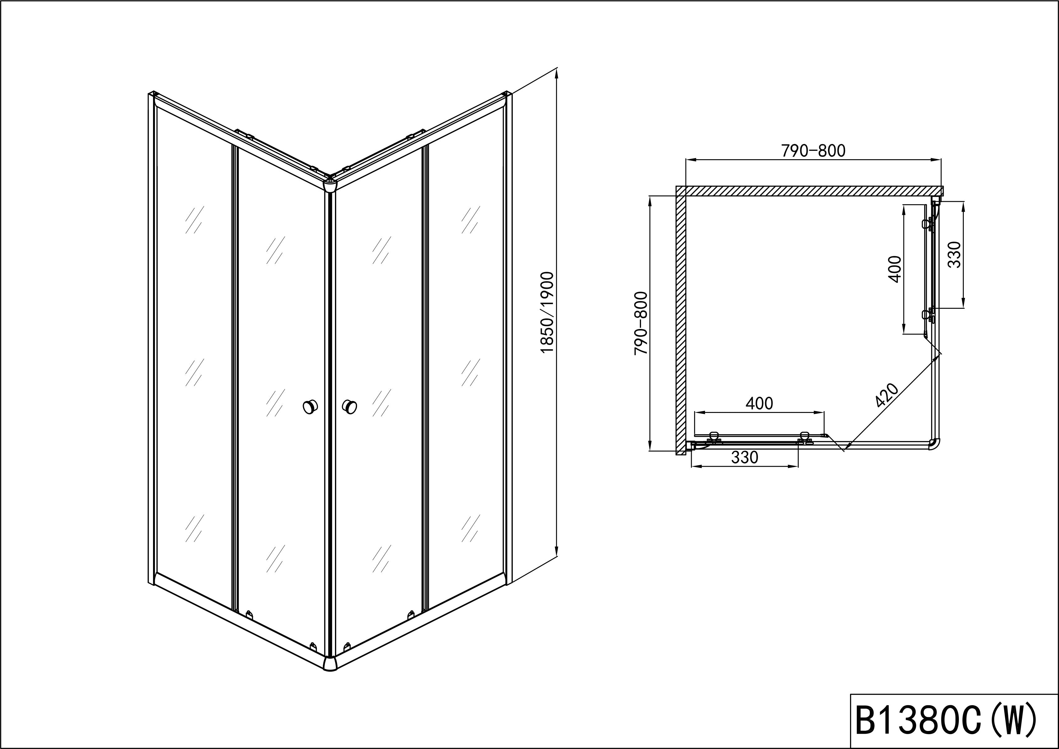 Corner shower cubicle with two sliding doors in 2 different sizes