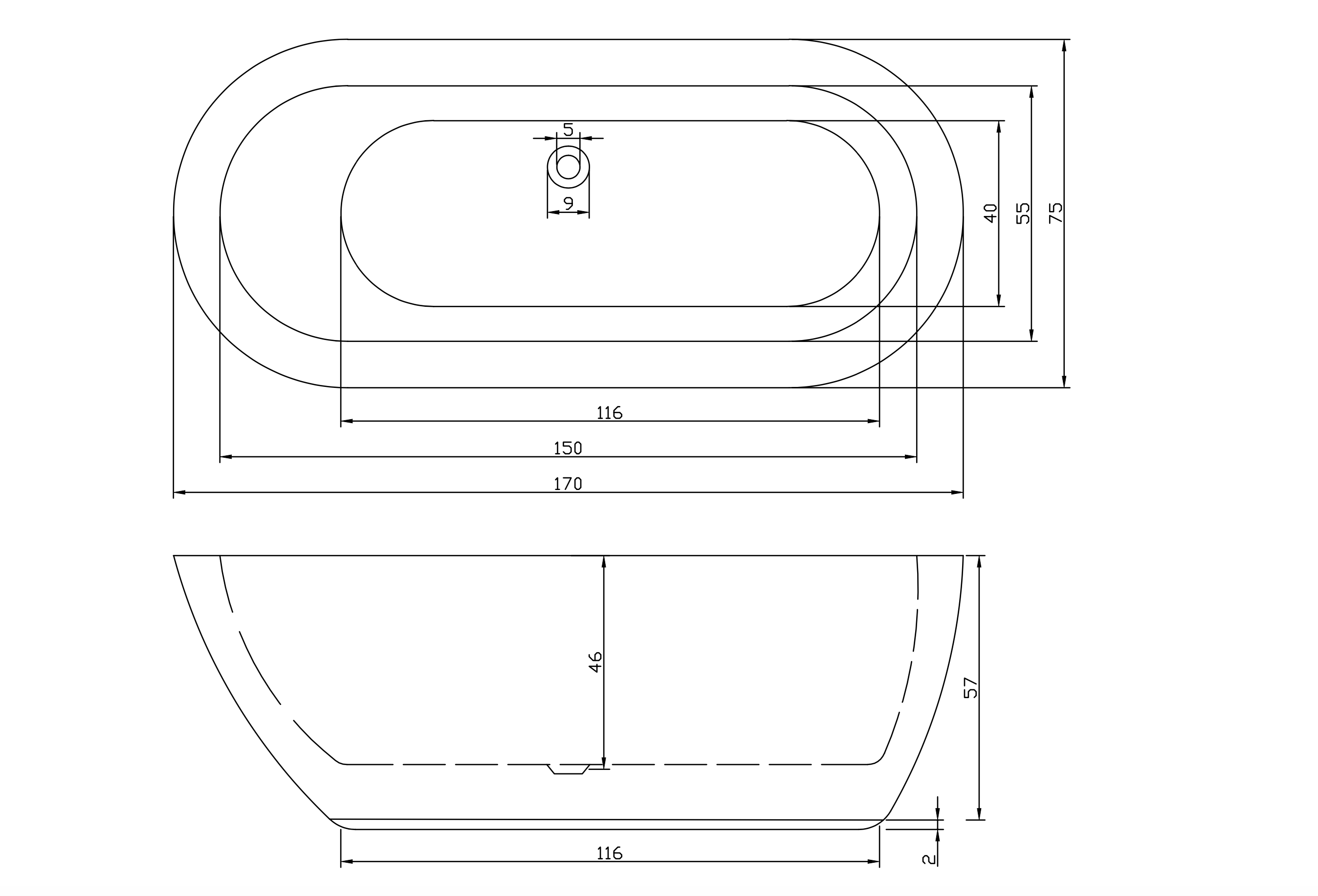 Freestanding bathtub SYDNEY 170x75x60 cm