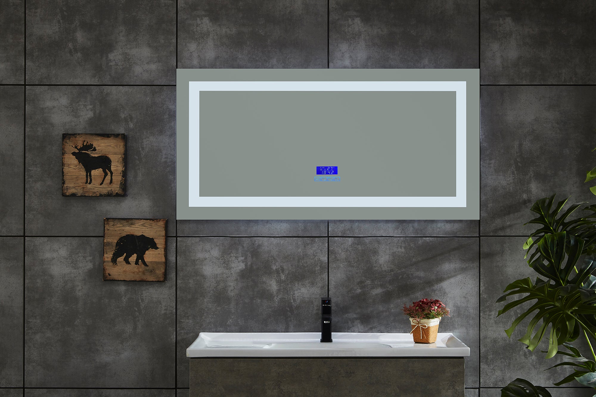 Mirror with indirect lighting, bluetooth, heating and clock