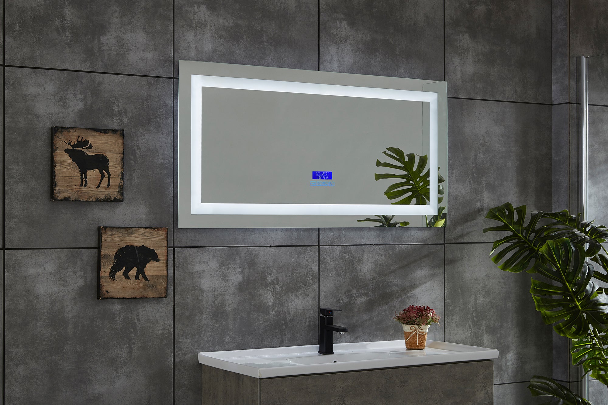 Mirror with indirect lighting, bluetooth, heating and clock