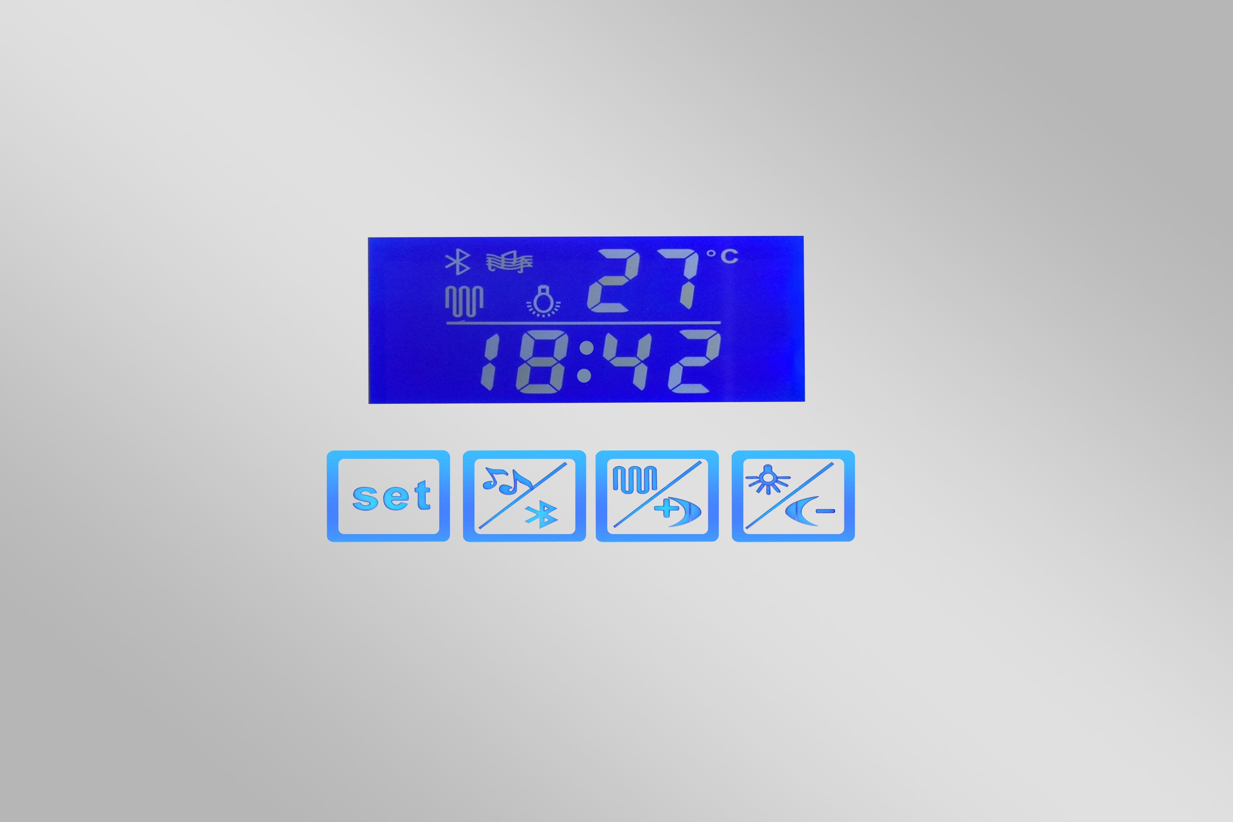 Mirror with indirect lighting, bluetooth, heating and clock